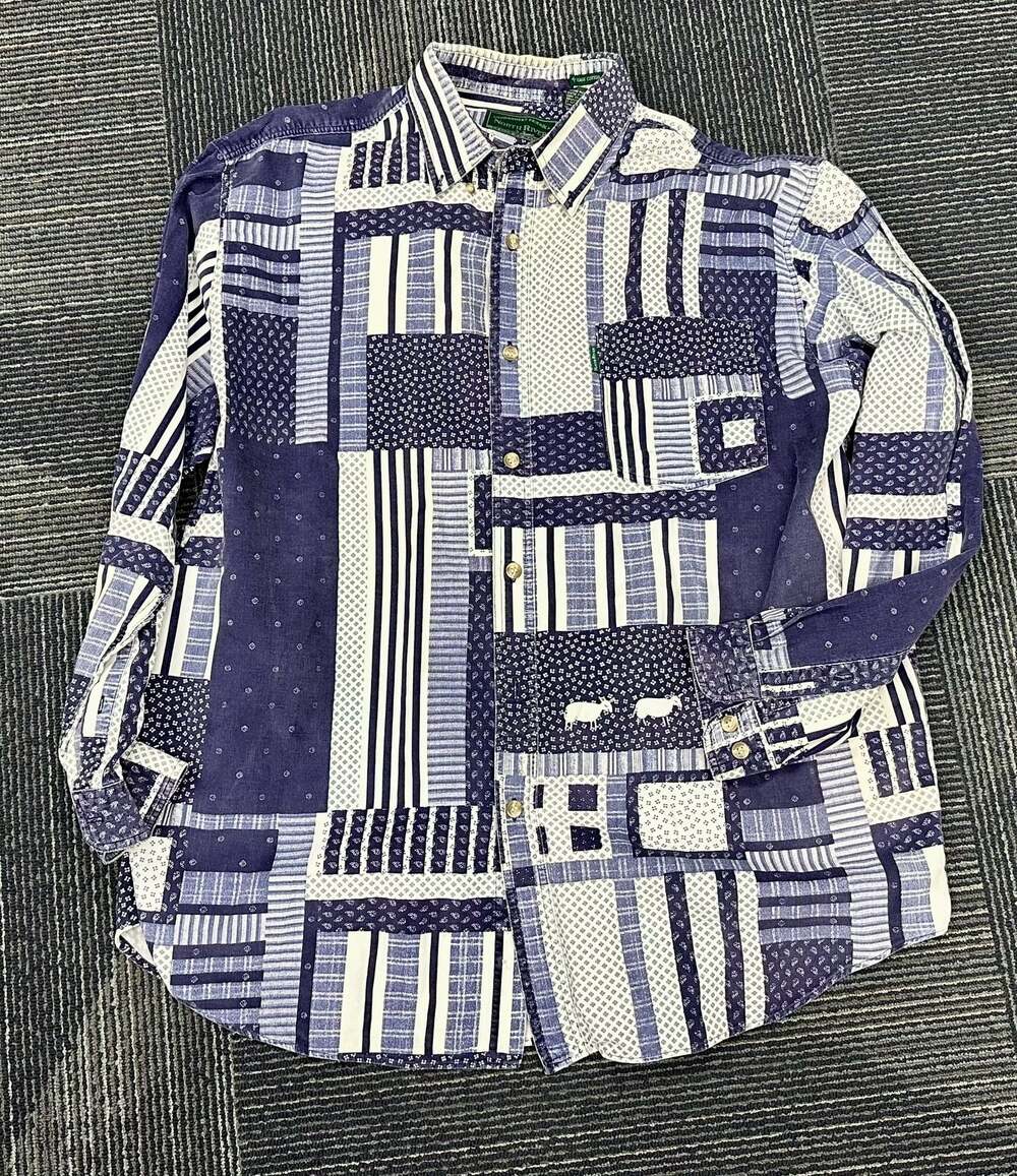 North River Blue and White Patchwork Long Sleeve Button Down Shirt